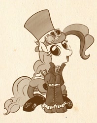 Size: 457x581 | Tagged: safe, artist:bunnimation, character:pinkie pie, species:earth pony, species:pony, brown background, clothing, dress, female, goggles, hat, mare, monochrome, photoshop, simple background, sitting, solo, steampunk, top hat