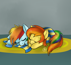 Size: 993x902 | Tagged: safe, artist:spittfireart, character:rainbow dash, character:spitfire, ship:spitdash, cuddling, filly, foal, foal romance, shipping, sleeping, snuggling