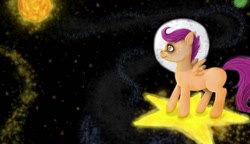 Size: 1280x737 | Tagged: safe, artist:colorlesscupcake, character:scootaloo, species:pegasus, species:pony, g4, astronaut, female, filly, moon, solo, space, sun