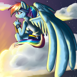 Size: 1024x1024 | Tagged: safe, artist:annakitsun3, character:rainbow dash, species:anthro, species:pegasus, g4, alternate hairstyle, clothing, cloud, cloudy, drink, female, headband, mare, morning, ponytail, profile, shorts, sitting, tank top, wings, workout