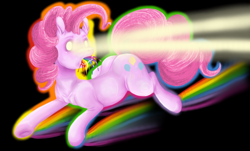Size: 1098x663 | Tagged: safe, artist:colorlesscupcake, character:pinkie pie, species:earth pony, species:pony, eye beams, female, glowing eyes, mare, puking rainbows, rainbow, solo, vomit, vomiting, wat