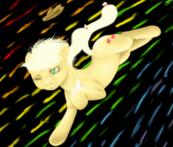 Size: 862x731 | Tagged: safe, artist:colorlesscupcake, character:applejack, species:earth pony, species:pony, g4, abstract background, bandaid, clothing, female, hat, jumping, mare, solo