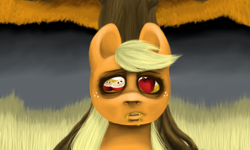 Size: 1032x618 | Tagged: safe, artist:colorlesscupcake, character:applejack, species:earth pony, species:pony, g4, apple, female, mare, not salmon, solo, that pony sure does love apples, tree, wat