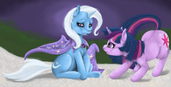 Size: 1209x618 | Tagged: safe, artist:colorlesscupcake, character:trixie, character:twilight sparkle, character:twilight sparkle (unicorn), species:pony, species:unicorn, g4, duo, duo female, female, mare, sad