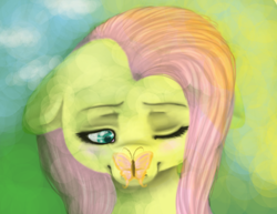 Size: 788x608 | Tagged: safe, artist:colorlesscupcake, character:fluttershy, species:pegasus, species:pony, g4, bust, butterfly, female, floppy ears, mare, one eye closed, sad, solo