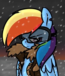 Size: 900x1052 | Tagged: safe, artist:j5furry, artist:reneesdetermination, character:rainbow dash, clothing, female, goggles, jacket, serious face, snow, snowfall, solo