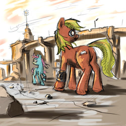Size: 1000x1000 | Tagged: safe, artist:agm, oc, oc only, species:earth pony, species:pony, fallout equestria, blind, equestrian wasteland, manehattan, pipbuck, ruins, sad, wasteland