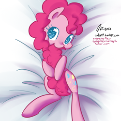 Size: 1200x1200 | Tagged: safe, artist:rwl, character:pinkie pie, bed, cute, diapinkes, female, hnnng, looking at you, mouth hold, nom, on back, smiling, solo, tail, tail bite, tail hug, tail pull