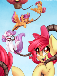 Size: 1200x1600 | Tagged: safe, artist:spittfireart, character:apple bloom, character:babs seed, character:scootaloo, character:sweetie belle, species:earth pony, species:pegasus, species:pony, species:unicorn, adorababs, adorabloom, balloon, bow, bungee jumping, cute, cutealoo, cutie mark crusaders, diasweetes, eyes closed, falling, female, filly, hair bow, hanging, hot air balloon, open mouth, rope, sky