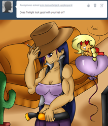 Size: 5340x6255 | Tagged: safe, artist:reneesdetermination, character:applejack, character:twilight sparkle, ship:twijack, absurd resolution, ask human twijack, balloon, female, heart eyes, humanized, lesbian, muscles, twilight muscle