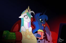 Size: 1000x654 | Tagged: safe, artist:omny87, character:princess celestia, character:princess luna, duo, duo female, eating, female, implied the headless horse, limp horn, movie, popcorn, snuggie