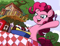 Size: 1650x1276 | Tagged: safe, artist:latecustomer, character:pinkie pie, banana split, clubhouse, crusaders clubhouse, cute, diapinkes, female, food, hoof hold, ice cream, open mouth, solo, spoon, table