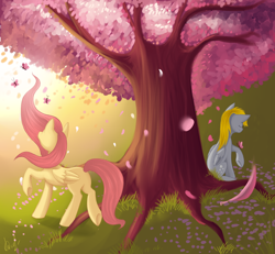 Size: 1082x1000 | Tagged: safe, artist:lightning-stars, character:derpy hooves, character:fluttershy, species:pegasus, species:pony, g4, cherry blossoms, duo, eyes closed, female, mare, sitting, tree, under the tree