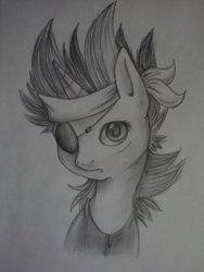 Size: 750x1000 | Tagged: dead source, safe, artist:lightning-stars, character:twilight sparkle, g4, bandana, bust, eyepatch, female, future twilight, grayscale, looking at you, metal gear, pencil drawing, portrait, simple background, solo, traditional art