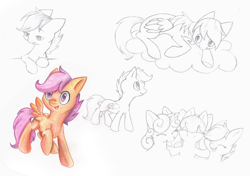 Size: 758x534 | Tagged: safe, artist:lightning-stars, character:apple bloom, character:scootaloo, character:sweetie belle, species:pegasus, species:pony, g4, cloud, cutie mark crusaders, simple background, sketch