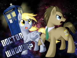 Size: 1024x768 | Tagged: safe, artist:annakitsun3, character:derpy hooves, character:doctor whooves, character:time turner, species:pegasus, species:pony, doctor who, female, mare, necktie, sonic screwdriver, tardis