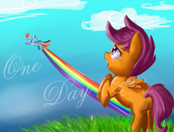 Size: 1700x1300 | Tagged: safe, artist:annakitsun3, character:rainbow dash, character:scootaloo, species:pegasus, species:pony, cloud, cloudy, crying, grass, rainbow, rearing, sad, scootaloo can't fly, wing envy