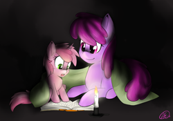 Size: 2000x1400 | Tagged: safe, artist:spittfireart, character:berry punch, character:berryshine, character:ruby pinch, species:earth pony, species:pony, species:unicorn, blanket, book, candle, duo, duo female, female, filly, mare, mother and daughter