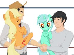 Size: 1500x1125 | Tagged: safe, artist:tex, character:applejack, character:lyra heartstrings, oc, oc:tex, species:earth pony, species:human, species:pony, species:unicorn, brony, colored, female, handshake, holding a pony, lip bite, male