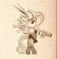 Size: 569x585 | Tagged: safe, artist:bunnimation, character:trixie, species:pony, species:unicorn, alternate hairstyle, bipedal, brown background, clothing, female, gun, handgun, hat, high res, mare, monochrome, photoshop, revolver, simple background, solo, steampunk, weapon
