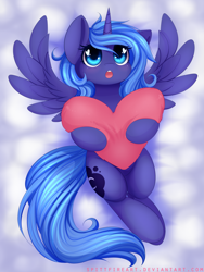 Size: 1200x1600 | Tagged: safe, artist:spittfireart, character:princess luna, species:pony, cute, digital art, female, heart, heart eyes, heart pillow, lunabetes, lying down, on back, open mouth, pillow, solo, spread wings, wingding eyes, wings, woona