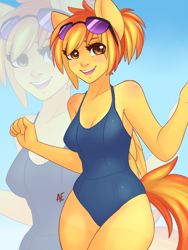 Size: 1200x1600 | Tagged: safe, artist:spittfireart, character:spitfire, species:anthro, blushing, clothing, cute, cutefire, female, glasses, human facial structure, one-piece swimsuit, open mouth, school swimsuit, solo, sukumizu, swimsuit