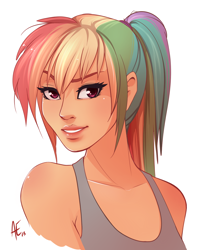 Size: 1000x1229 | Tagged: safe, artist:spittfireart, character:rainbow dash, species:human, beautiful, female, humanized, looking at you, ponytail, pretty, simple background, smiling, solo, white background
