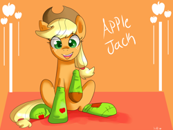 Size: 1600x1200 | Tagged: safe, artist:annakitsun3, character:applejack, clothing, female, looking at you, sitting, socks, solo