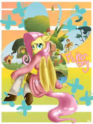 Size: 1080x1440 | Tagged: safe, artist:annakitsun3, character:fluttershy, species:anthro, species:pegasus, species:unguligrade anthro, g4, clothing, female, looking at you, mare, shoes, sitting, socks, solo, sweater, sweatershy, wings