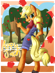 Size: 1080x1440 | Tagged: safe, artist:annakitsun3, character:applejack, species:anthro, species:unguligrade anthro, dungarees, female, looking at you, looking back, overalls, solo, unshorn fetlocks