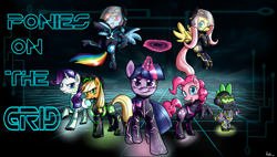 Size: 1600x910 | Tagged: safe, artist:annakitsun3, character:applejack, character:fluttershy, character:pinkie pie, character:rainbow dash, character:rarity, character:spike, character:twilight sparkle, mane seven, mane six, tron