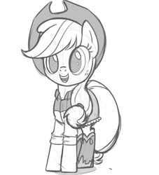 Size: 1000x1100 | Tagged: safe, artist:tex, character:applejack, boots, clothing, cowboy hat, equestria girls outfit, female, freckles, hat, monochrome, open mouth, rolled up sleeves, shoes, sketch, skirt, smiling, solo, stetson, tail