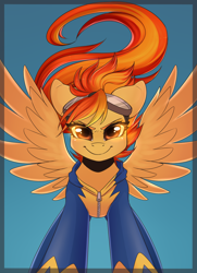 Size: 910x1260 | Tagged: safe, artist:spittfireart, character:spitfire, species:pegasus, species:pony, g4, clothing, female, fire, front view, full face view, goggles, looking at you, mare, sexy, simple background, smiling, solo, spread wings, wings, wonderbolts, wonderbolts uniform