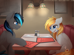 Size: 1600x1200 | Tagged: safe, artist:spittfireart, oc, oc only, species:pegasus, species:pony, booth, commission, diner, female, looking at each other, male, mare, restaurant, smiling, stallion, table