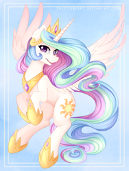 Size: 1200x1600 | Tagged: safe, artist:spittfireart, character:princess celestia, species:alicorn, species:pony, beautiful, cute, cutelestia, featured on derpibooru, female, flying, looking at you, mare, open mouth, smiling, solo, spread wings, wings