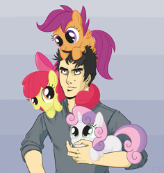 Size: 943x1000 | Tagged: safe, artist:tex, character:apple bloom, character:scootaloo, character:sweetie belle, oc, oc:anon, oc:tex, species:human, species:pegasus, species:pony, carrying, cutie mark crusaders, holding a pony, pony hat, scootahat