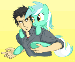Size: 1113x919 | Tagged: safe, artist:tex, character:lyra heartstrings, oc, oc:anon, oc:tex, species:human, species:pony, carrying, holding a pony, piggyback ride, ponies riding humans, riding