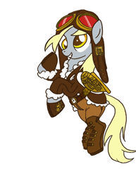 Size: 638x825 | Tagged: safe, artist:bunnimation, artist:s31sh0, character:derpy hooves, species:pegasus, species:pony, aviator hat, bomber jacket, boots, clothing, colored, female, flying, goggles, hat, mare, paint.net, simple background, solo, steampunk