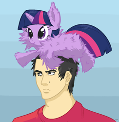 Size: 994x1017 | Tagged: safe, artist:tex, character:twilight sparkle, oc, oc:tex, species:human, species:pony, species:unicorn, balancing, blue background, clothing, cute, female, fluffy, frown, glare, hat, mare, mole, pony hat, prone, simple background, smiling, unamused