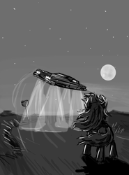 Size: 800x1080 | Tagged: safe, artist:agm, species:earth pony, species:pony, black and white, car, grayscale, highway, moon, night, road, road sign