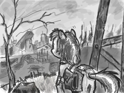 Size: 800x600 | Tagged: safe, artist:agm, oc, oc only, fallout equestria, equestrian wasteland, looking away, monochrome, ruins, saddle bag