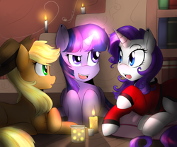 Size: 2400x2000 | Tagged: safe, artist:spittfireart, character:applejack, character:rarity, character:twilight sparkle, species:earth pony, species:pony, species:unicorn, episode:look before you sleep, g4, my little pony: friendship is magic, candle, clothing, firefly, golden oaks library, high res, magic, robe