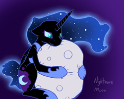 Size: 1000x800 | Tagged: dead source, safe, artist:conmanwolf, character:nightmare moon, character:princess luna, species:alicorn, species:pony, female, floppy ears, hug, missing accessory, moon, nicemare moon, plushie, smiling, solo, tangible heavenly object