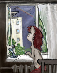 Size: 600x768 | Tagged: safe, artist:agm, oc, oc only, oc:volga pony, species:earth pony, species:pony, chest fluff, fan, indoors, looking at something, looking away, looking out the window, looking up, plattenbau, rainbow, russia, sky, smiling, solo, window