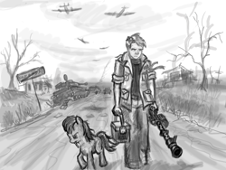 Size: 1280x960 | Tagged: safe, artist:agm, oc, oc only, species:human, species:pony, clothing, machine gun, male, mg34, monochrome, russian, surreal, tank (vehicle), war
