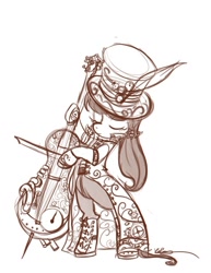 Size: 638x825 | Tagged: safe, artist:bunnimation, character:octavia melody, species:earth pony, species:pony, g4, bipedal, cello, clothing, eyes closed, female, hat, mare, monochrome, musical instrument, photoshop, simple background, solo, spats, steampunk, top hat, white background
