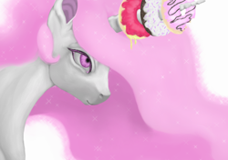 Size: 870x612 | Tagged: safe, artist:colorlesscupcake, character:princess celestia, species:alicorn, species:pony, species:unicorn, bust, cake, donut, donutlestia, female, frosting, horn, horn grab, horn impalement, hungry, solo, the uses of unicorn horns