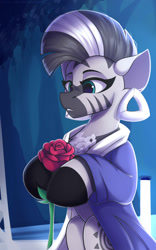 Size: 1250x2000 | Tagged: safe, artist:shadowreindeer, character:zecora, species:zebra, g4, amanda, cute, detroit: become human, flower, jewelry, rose, semi-anthro, solo, zecorable