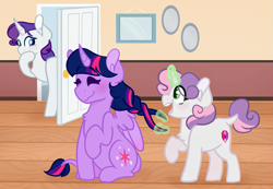 Size: 2133x1474 | Tagged: safe, artist:bubaluv, character:rarity, character:sweetie belle, character:twilight sparkle, species:alicorn, species:pony, species:unicorn, ship:rarilight, g4, door, hair braiding, leonine tail, wooden floor