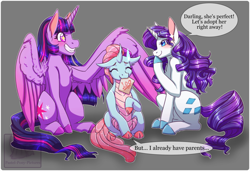 Size: 1280x874 | Tagged: safe, artist:pastel-pony-pictures, character:ocellus, character:rarity, character:twilight sparkle, species:alicorn, species:changedling, species:changeling, species:pony, species:reformed changeling, species:unicorn, ship:rarilight, g4, dialogue, gray background, sweat, sweatdrop, wingding eyes